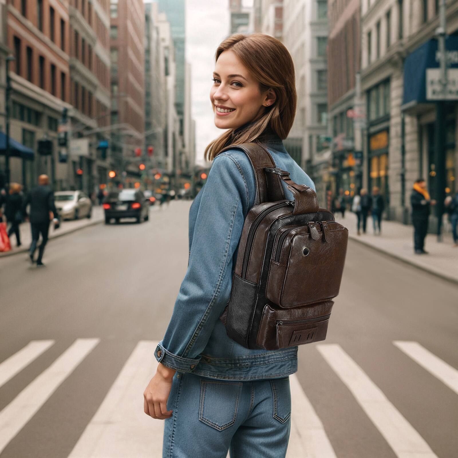 Alt View 5. Unique Bargains - Vintage PU Leather Sling Backpack for Men Women Crossbody Bag Compact Backpack for Travel Daily Use and Gift - Dark Brown.