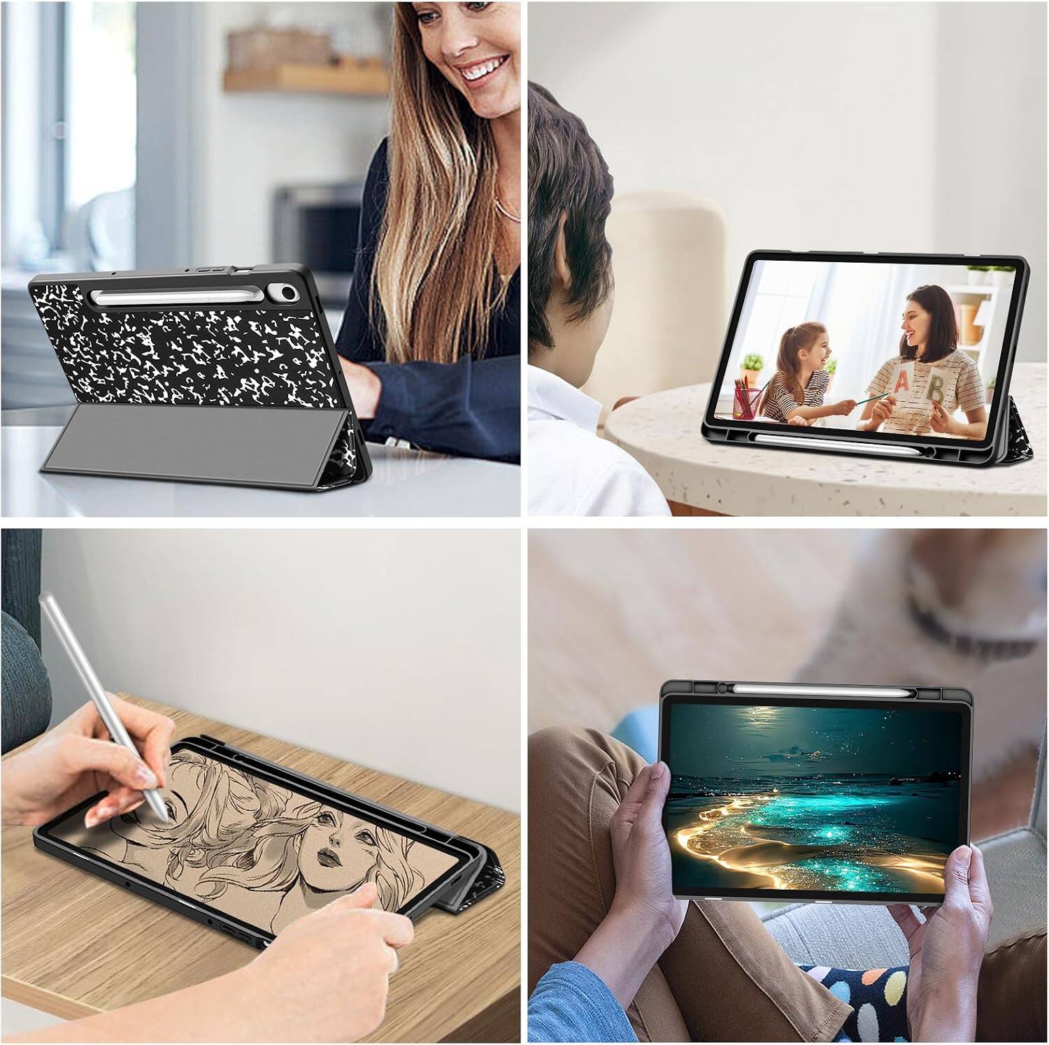 Alt View 2. Fintie - Slim TPU Case for Samsung Galaxy Tab S10 Lite/Tab S10 FE/Tab S9 FE/Tab S9, Tri-Fold Viewing Stand Cover, Auto Sleep Wake - Composition Book Black.