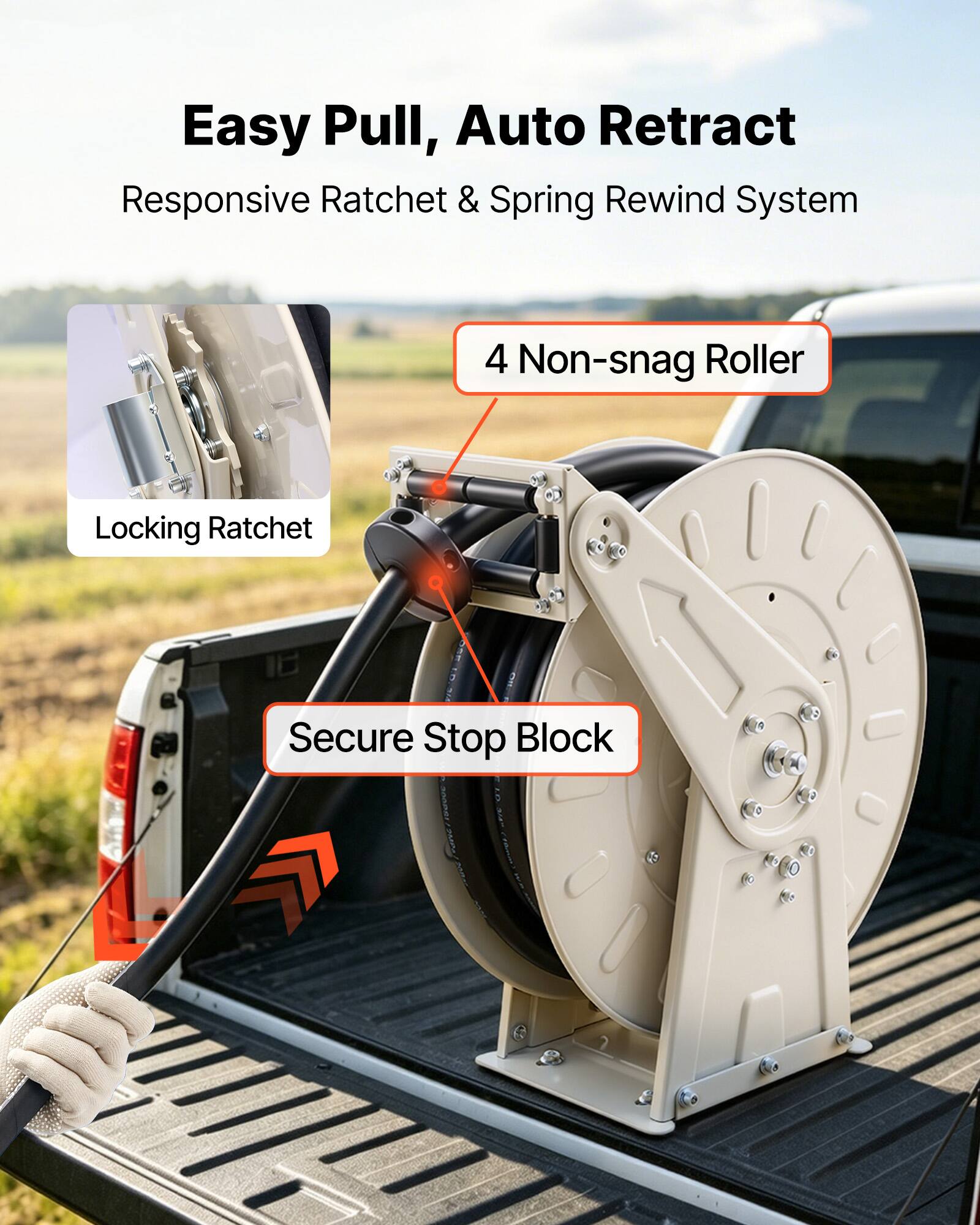 Easy Pull, Auto Retract  
Responsive Ratchet & Spring Rewind System  
4 Non-snag Roller  
Locking Ratchet  
Secure Stop Block