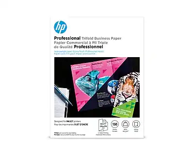 Sure, here is the corrected and grouped text from the image:
---
**HP Professional Trifold Business Paper**
**Papier Commercial à Pli Triple de Qualité Professionnelle**
**Professional Trifold Business Paper**
**Papier Commercial à Pli Triple de Qualité Professionnelle**
**Features:**
- **Heavyweight Glossy Paper**
- **Professional Finish**
- **Triple Fold Design**
- **High-Quality Printing**
**Specifications:**
- **150 Sheets**
- **19 x 150 mm**
- **Glossy Finish**
- **For 4-in-1 Printing**
**Design for Professional Use:**
- **Ideal for Brochures, Flyers, and More**
- **Perfect for High-Quality Printing Projects**
**Additional Information:**
- **Made in China**
- **Packaging: 150 Sheets**
---
This text is grouped and corrected based on the information visible in the image.