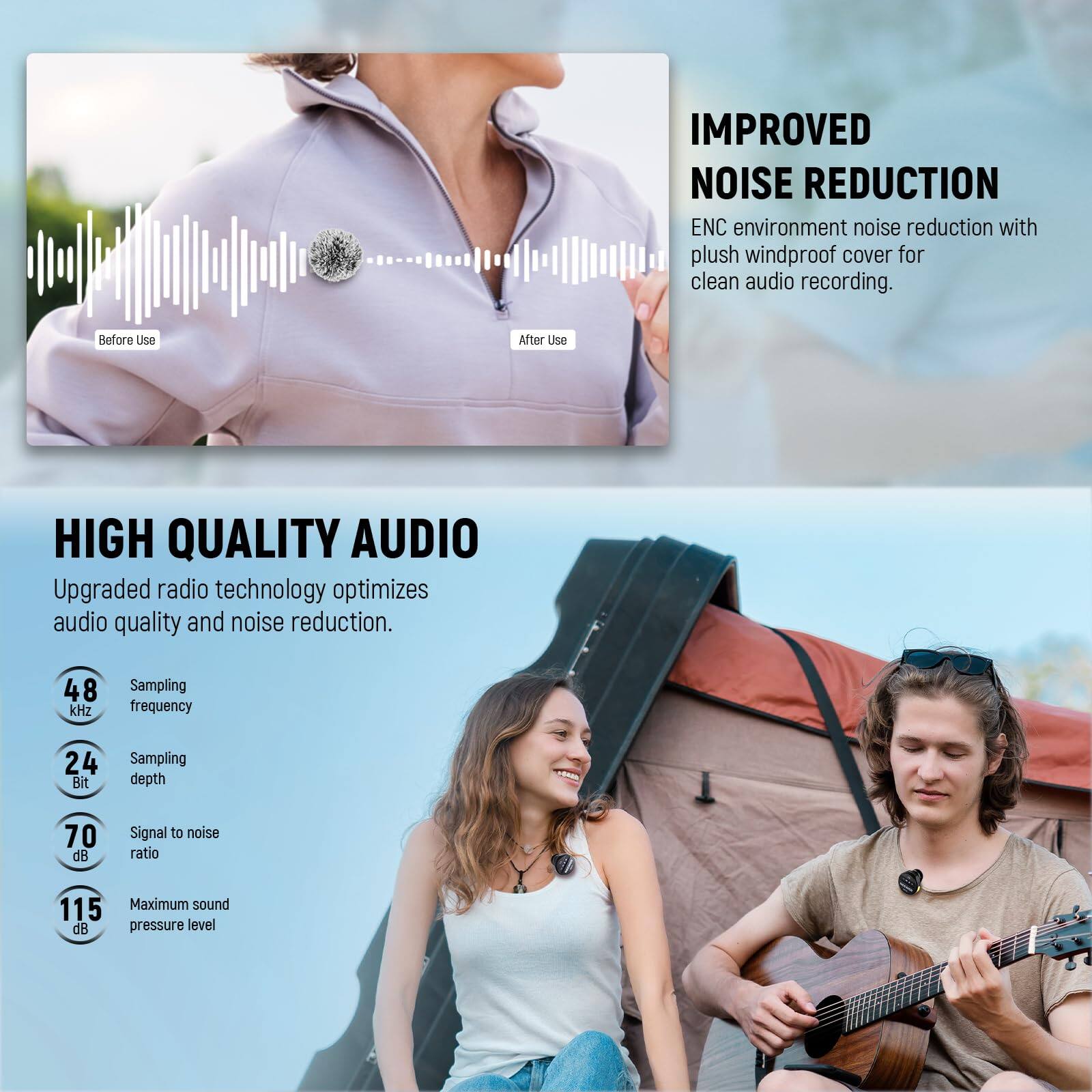 IMPROVED NOISE REDUCTION  
ENC environment noise reduction with plush windproof cover for clean audio recording.

Before Use | After Use

HIGH QUALITY AUDIO  
Upgraded radio technology optimizes audio quality and noise reduction.

- 48 kHz Sampling frequency
- 24 Bit Sampling depth
- 70 dB Signal to noise ratio
- 115 dB Maximum sound pressure level