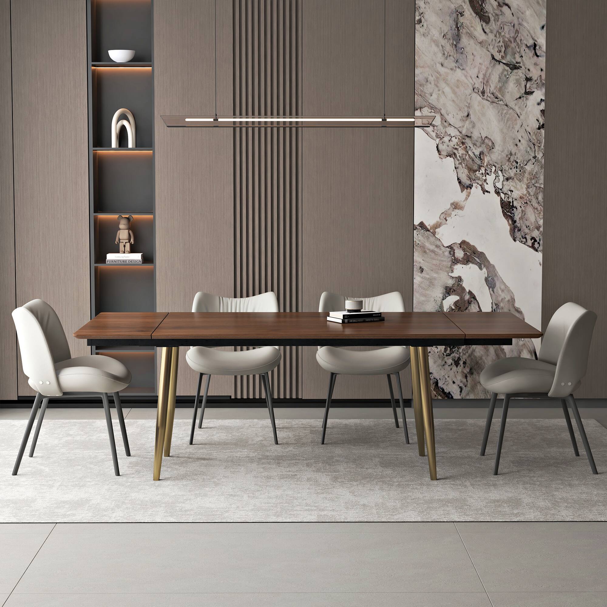 Left. luck idea - 94.4" Retractable Dining Table, Seats 8 - 10 People,Modern Mid-Century Kitchen Dinner Tables - Walnut Color.