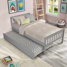 GOODSILO - Space-Saving Twin Platform Bed Frame with Pull-Out Trundle and Headboard for Compact Living Areas - Gray