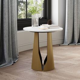 POVISON - 17.32" Modern Round Side Table, Modern Sintered Stone End Table, Metal Base - White & Golden