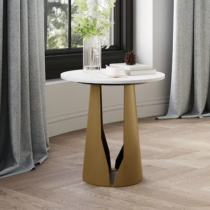 Front. POVISON - 17.32" Modern Round Side Table, Modern Sintered Stone End Table, Metal Base, White & Golden - White & Golden.