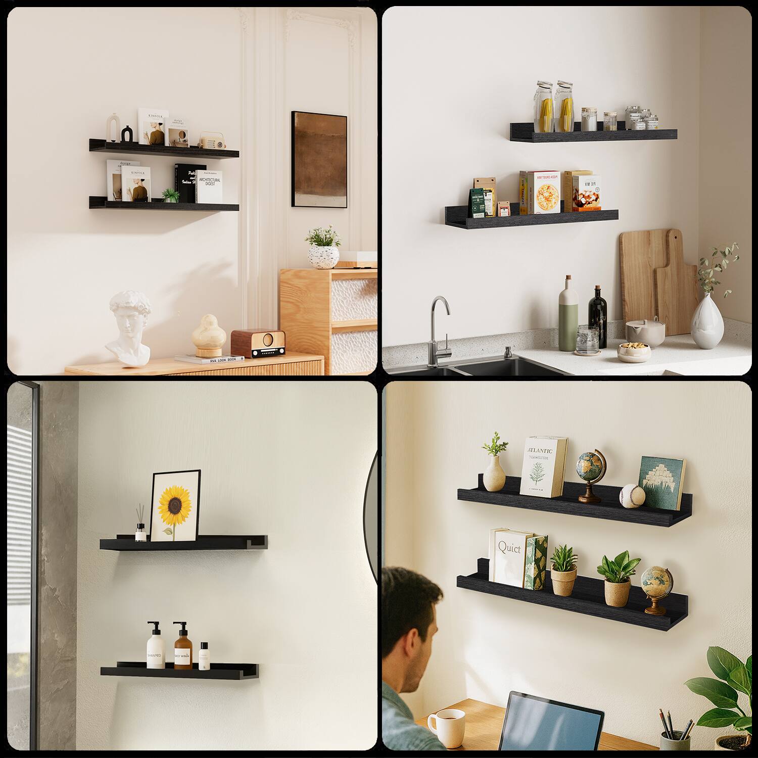 Sure, here is the corrected and grouped text from the image:

1. **Top Left Shelf:**
   - "KARL LAGERFELD"
   - "KARL LAGERFELD"
   - "KARL LAGERFELD"
   - "KARL LAGERFELD"

2. **Top Right Shelf:**
   - "BIO"
   - "BIO"
   - "BIO"

3. **Bottom Left Shelf:**
   - "WILLEM DE KONING"

4. **Bottom Right Shelf:**
   - "ATLANTIC"
   - "Quiet"
   - "Quiet"

5. **Bottom Shelf (Bathroom):**
   - "BIO"
   - "BIO"
   - "BIO"

6. **Bottom Shelf (Office):**
   - "Quiet"

This text is extracted from the visible labels and titles on the shelves in the image.