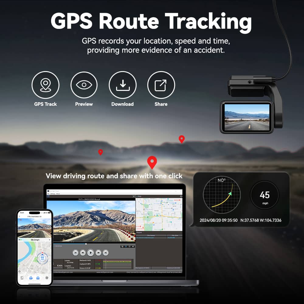 GPS Route Tracking
GPS records your location, speed, and time, providing more evidence of an accident.
- GPS Track
- Preview
- Download
- Share
View driving route and share with one click
NO: 45 mph
2024/08/20 09:35:50 N:37.5768 W:104.7336
LMS