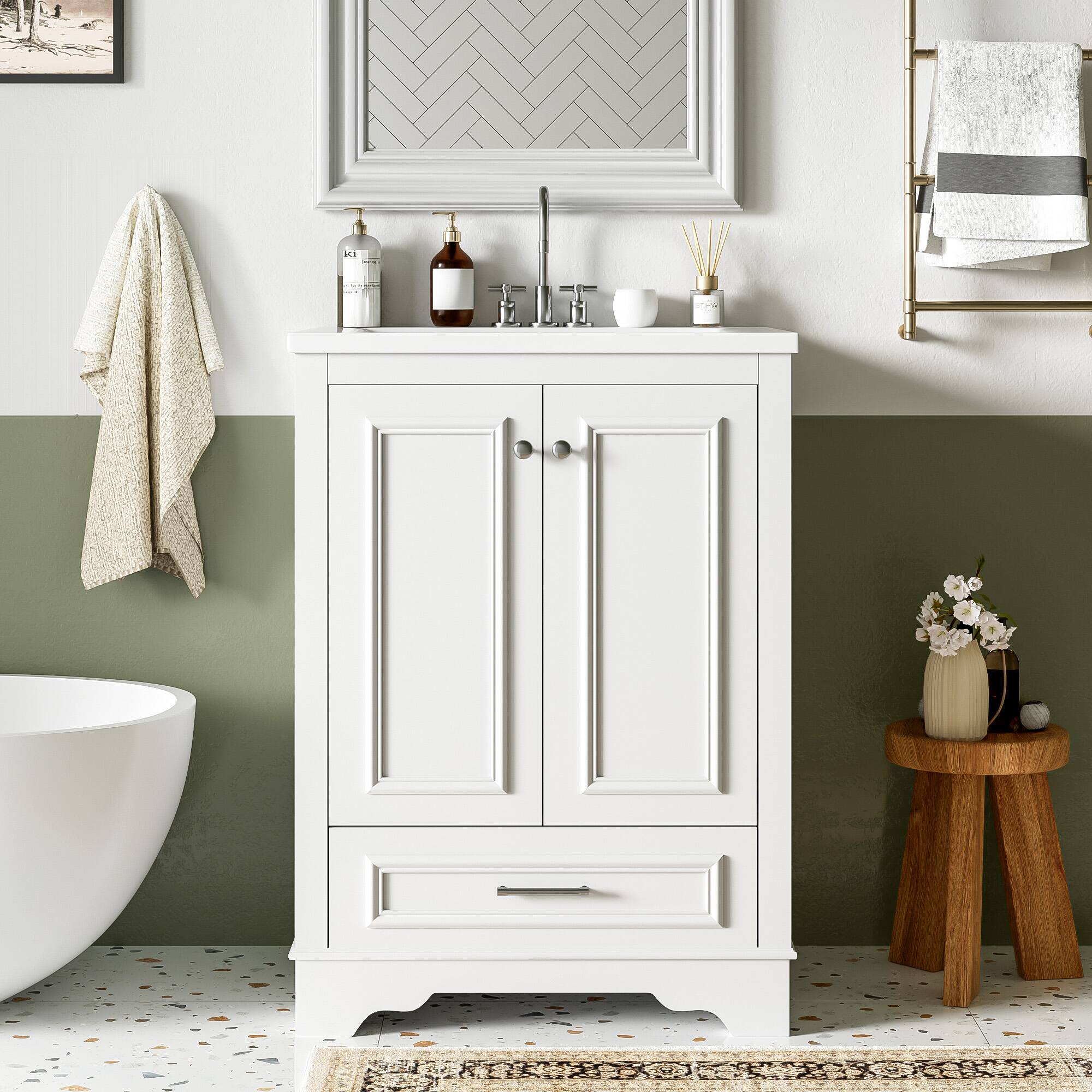 Alt View 7. Glintex - 24" Bathroom Vanity with Sink Combo, Modern Freestanding Storage Cabinet, Soft-Closing Doors, Silver Handles - White.