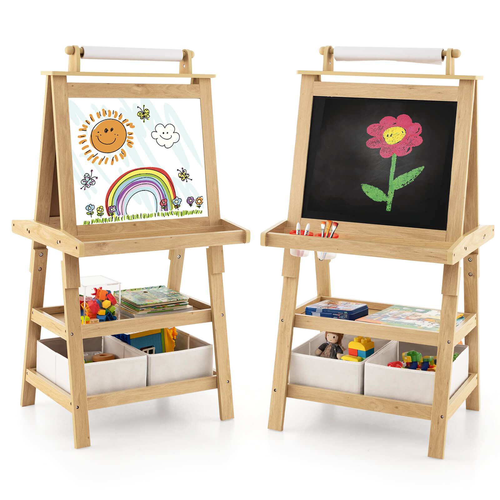 Costway - Kids Art Easel Double Sided Chalkboard Magnetic Whiteboard with Storage Tray - Natural