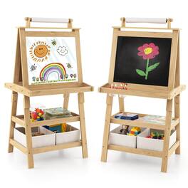 Costway - Kids Art Easel Double Sided Chalkboard Magnetic Whiteboard with Storage Tray - Natural