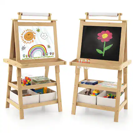 Front. Costway - Costway Kids Art Easel Double Sided Chalkboard Magnetic Whiteboard with Storage Tray - Natural.