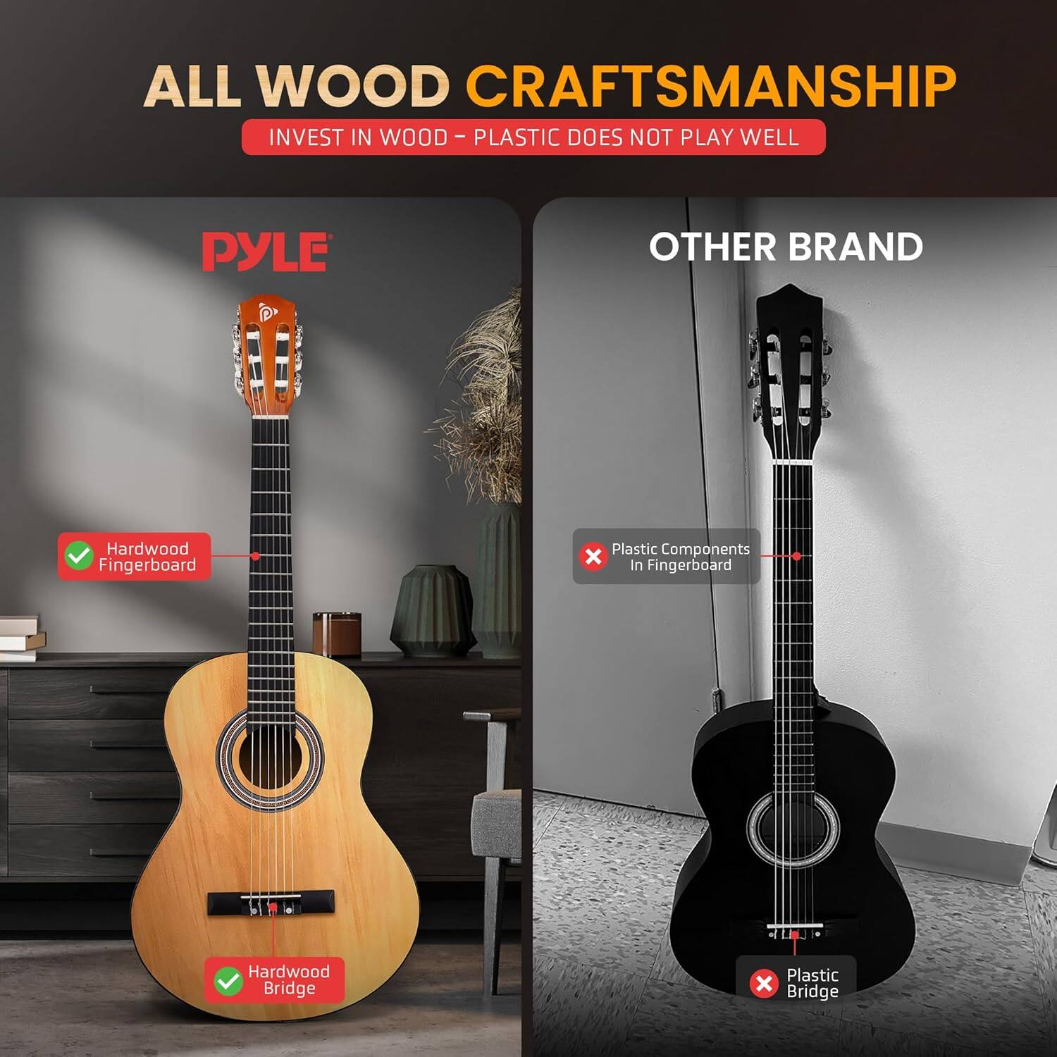 ALL WOOD CRAFTSMANSHIP  
INVEST IN WOOD - PLASTIC DOES NOT PLAY WELL  

PYLE  
Hardwood Fingerboard  
Hardwood Bridge  

OTHER BRAND  
Plastic Components in Fingerboard  
Plastic Bridge