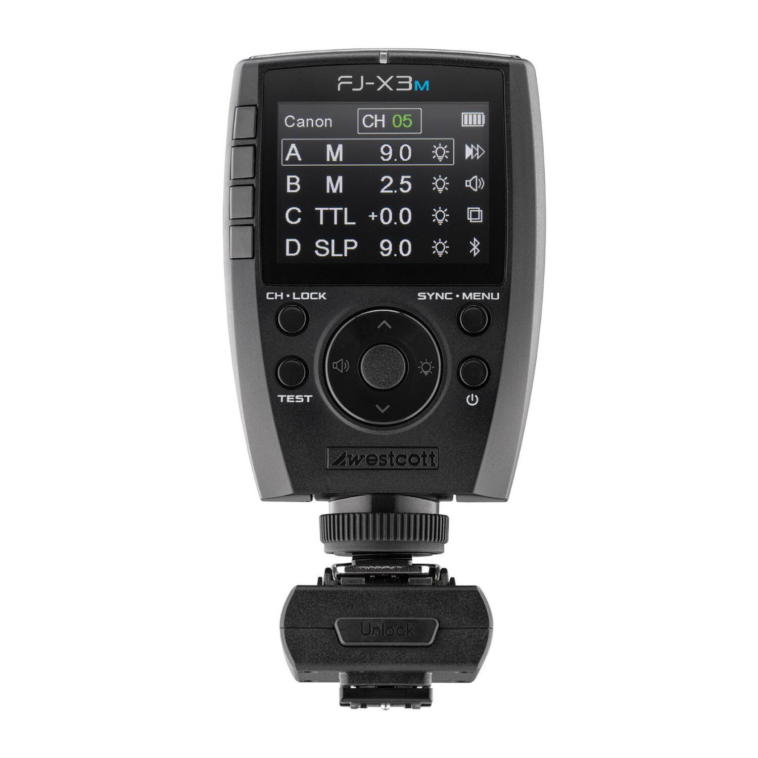 FJ-X3M
Canon
CH 05
A M 9.0
B M 2.5
C TTL +0.0
D SLP 9.0
CH LOCK
SYNC MENU
TEST
westcott
Unlock