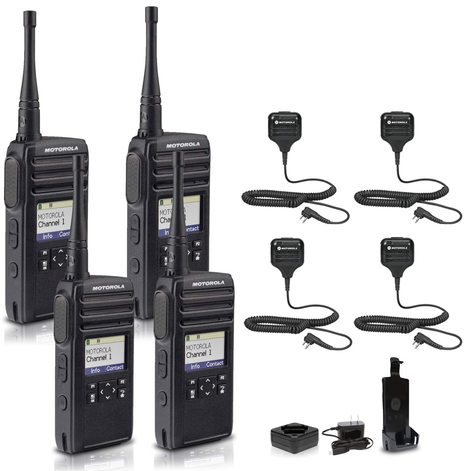 Motorola Solutions - Motorola DTR700 900 MHz Digital 2-Way Radio (50 Channels) + 4 x HKLN4606 Remote Speaker Mic (4-Pack) - Black