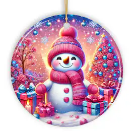 OrnamentallyYou - Joyful Frost Snowman Pink Themed Ornament Festive Winter Spirit for Holiday Gift - Multi-colored