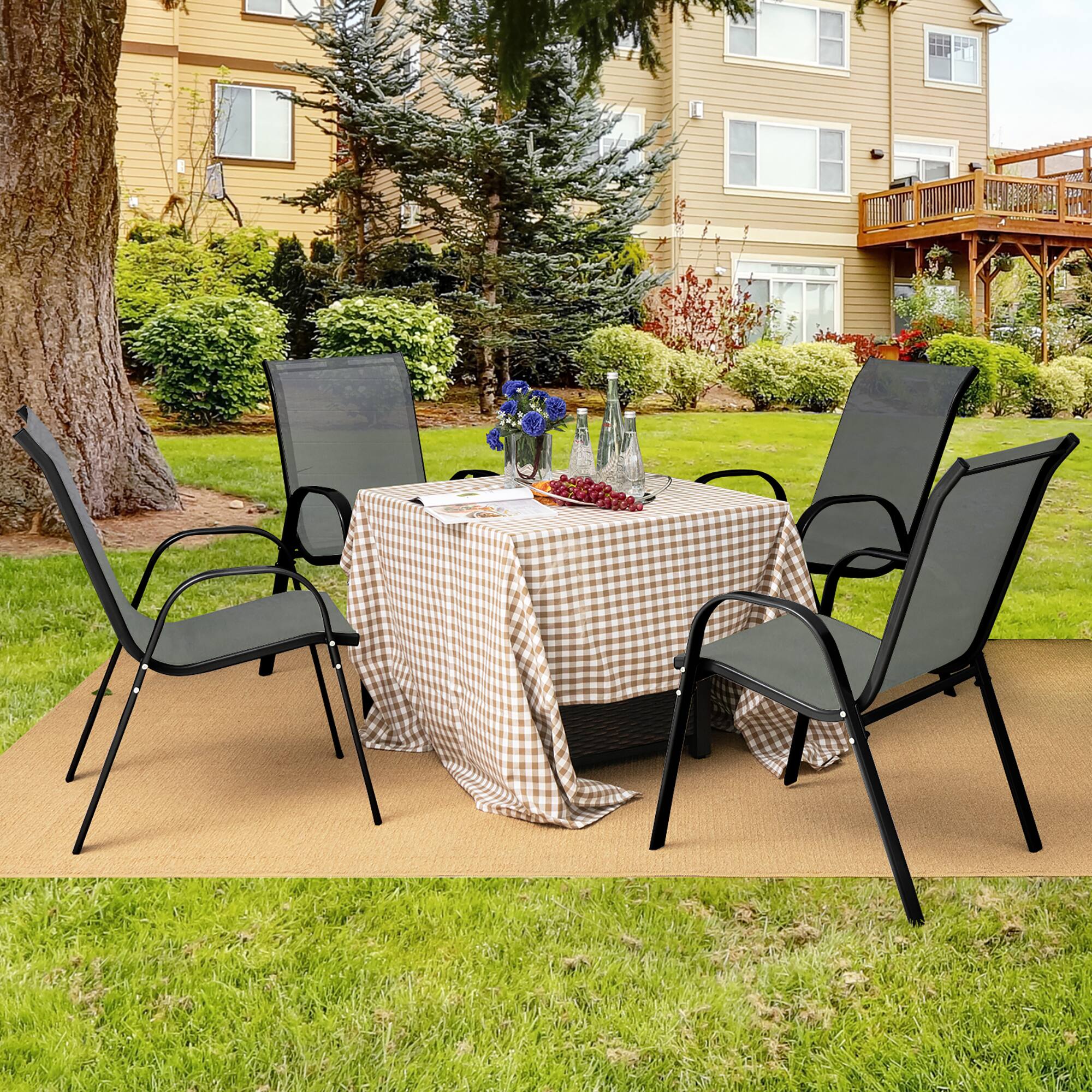 Alt View 1. Gymax - Gymax 4PCS Patio Stacking Dining Chairs w/ Curved Armrests & Breathable Seat Fabric Grey - Grey.