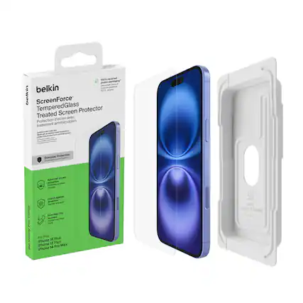 100% recycled plastic packaging
belkin
ScreenForce™
Tempered Glass
Treated Screen Protector
Protection d'écran avec traitement antimicrobien
Antimicrobial Treatment
Made with product from microbial growth
Everyday Protection
Protection quotidienne
Advanced impact protection
Protection avancée contre les chocs
Guard against scratches
Protection contre les rayures
Easy align tray
Support d'alignement facile
For iPhone 16 Plus
iPhone 15 Plus
iPhone 14 Pro Max
100% recycled plastic