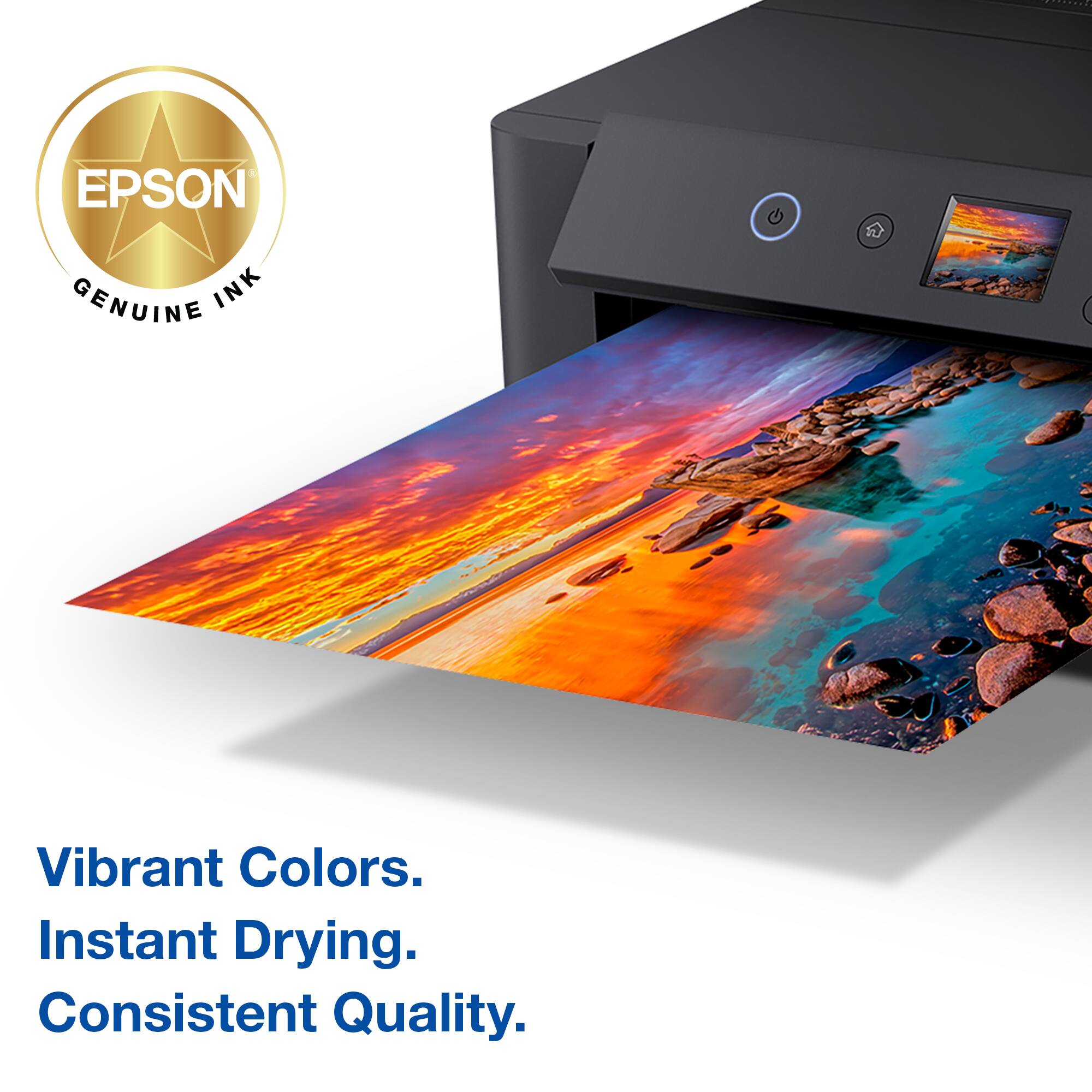 EPSON GENUINE INK

Vibrant Colors.  
Instant Drying.  
Consistent Quality.