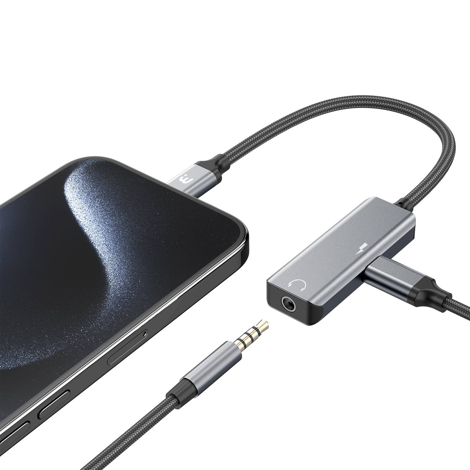 Alt View 1. Mybat Pro - MyBat Pro USB-C to USB-C & 3.5mm Splitter - Audio and 60W PD Charger Adapter - Gray - Gray.