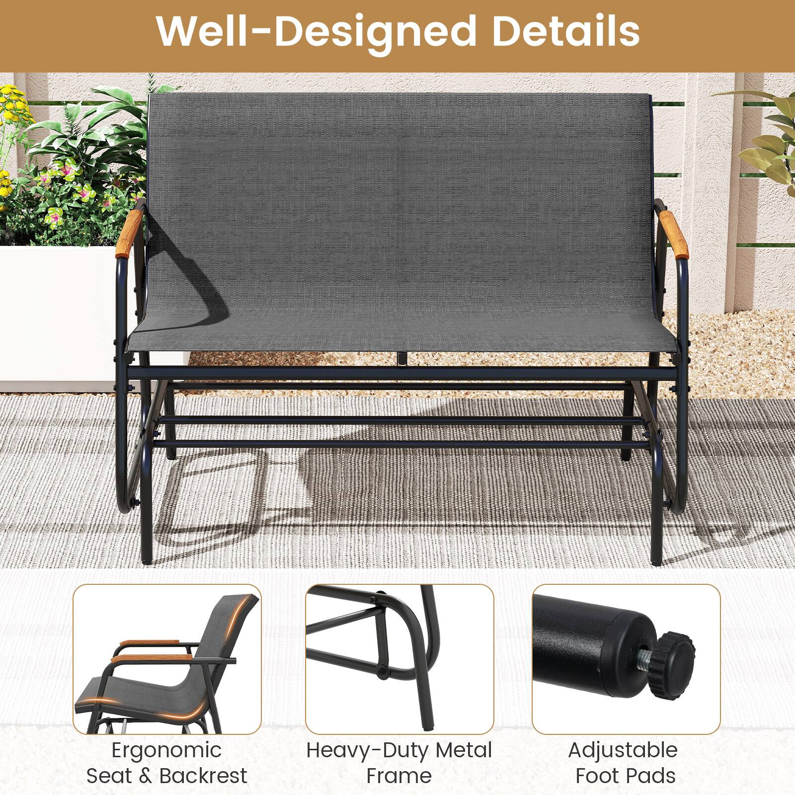 Well-Designed Details

Ergonomic Heavy-Duty Metal Seat & Backrest Frame

Adjustable Foot Pads