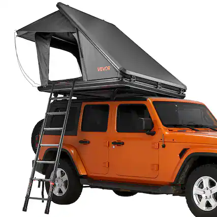 Front. VEVOR - Rooftop Tent Hard Shell, 2-3 Person Aluminum Roof Top Tent Hardshell with Tri-Color LED Light, Thick Mattress & 1 Window - Black.