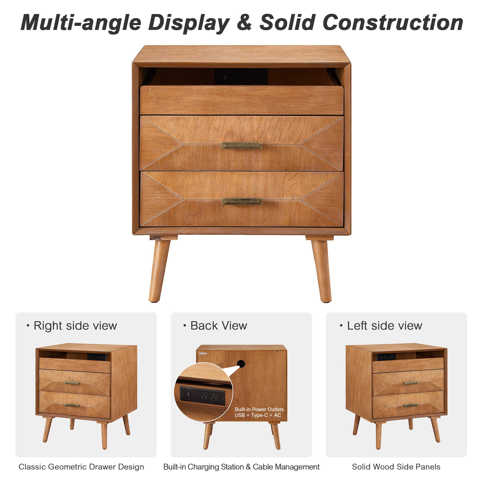 Multi-angle Display & Solid Construction

- Right side view
- Back View
- Left side view

Classic Geometric Drawer Design
Built-in Charging Station & Cable Management
Solid Wood Side Panels

Built-in Power Outlets
USB Type-C + AC
