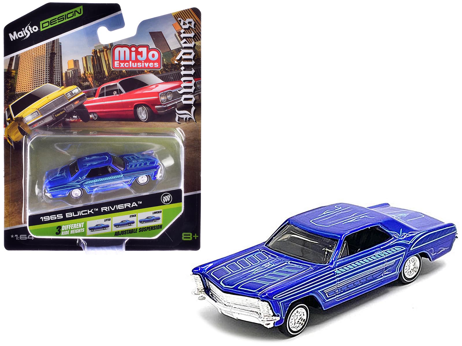 "1965 Buick Riviera Candy Blue with Graphics ""Lowriders"" ""Maisto Design"" Series 1/64 Diecast Model Car by Maisto" price history on PriceWatchPro