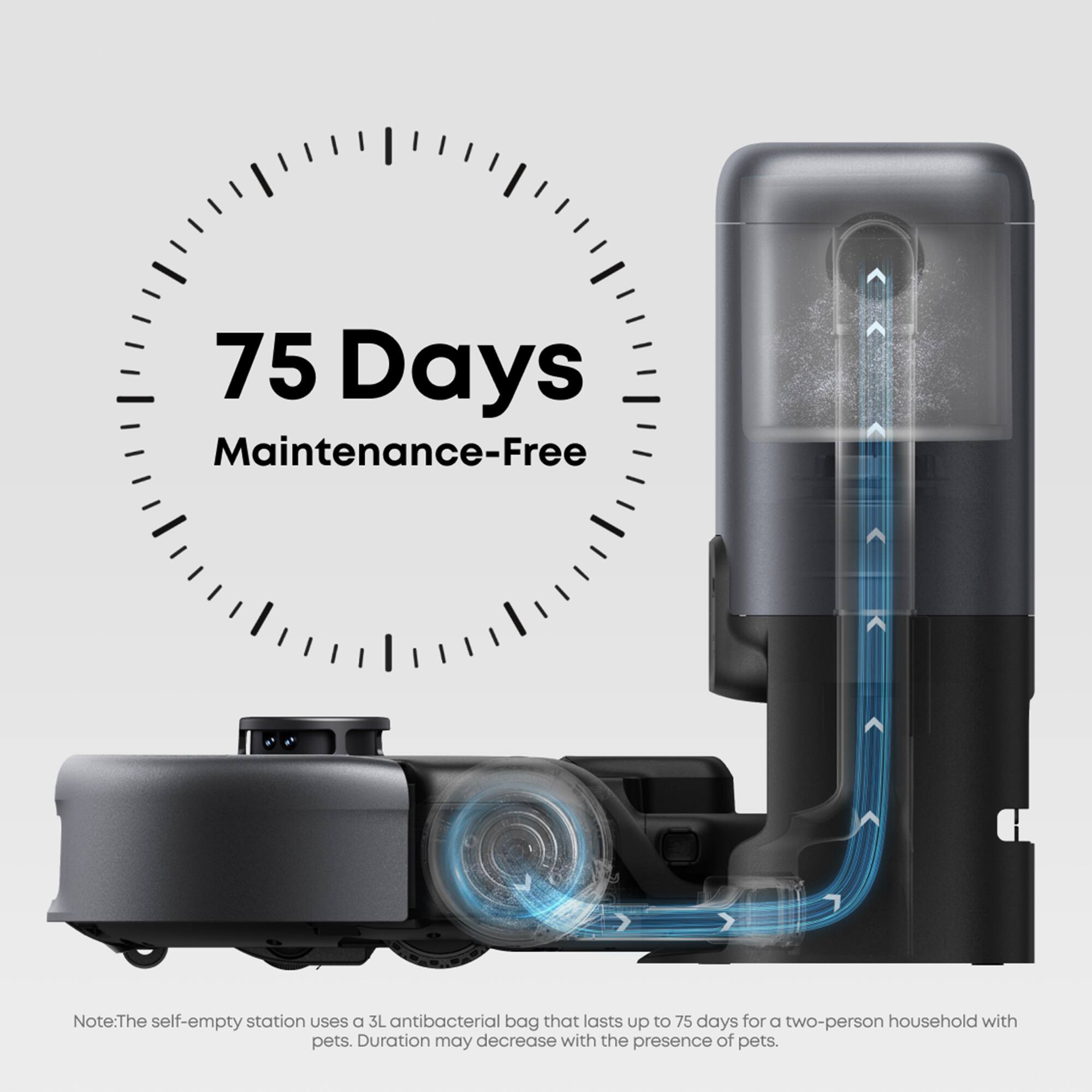 75 Days Maintenance-Free: The self-empty station uses a 3L antibacterial bag that lasts up to 75 days for a two-person household with pets. Duration may decrease with the presence of pets.