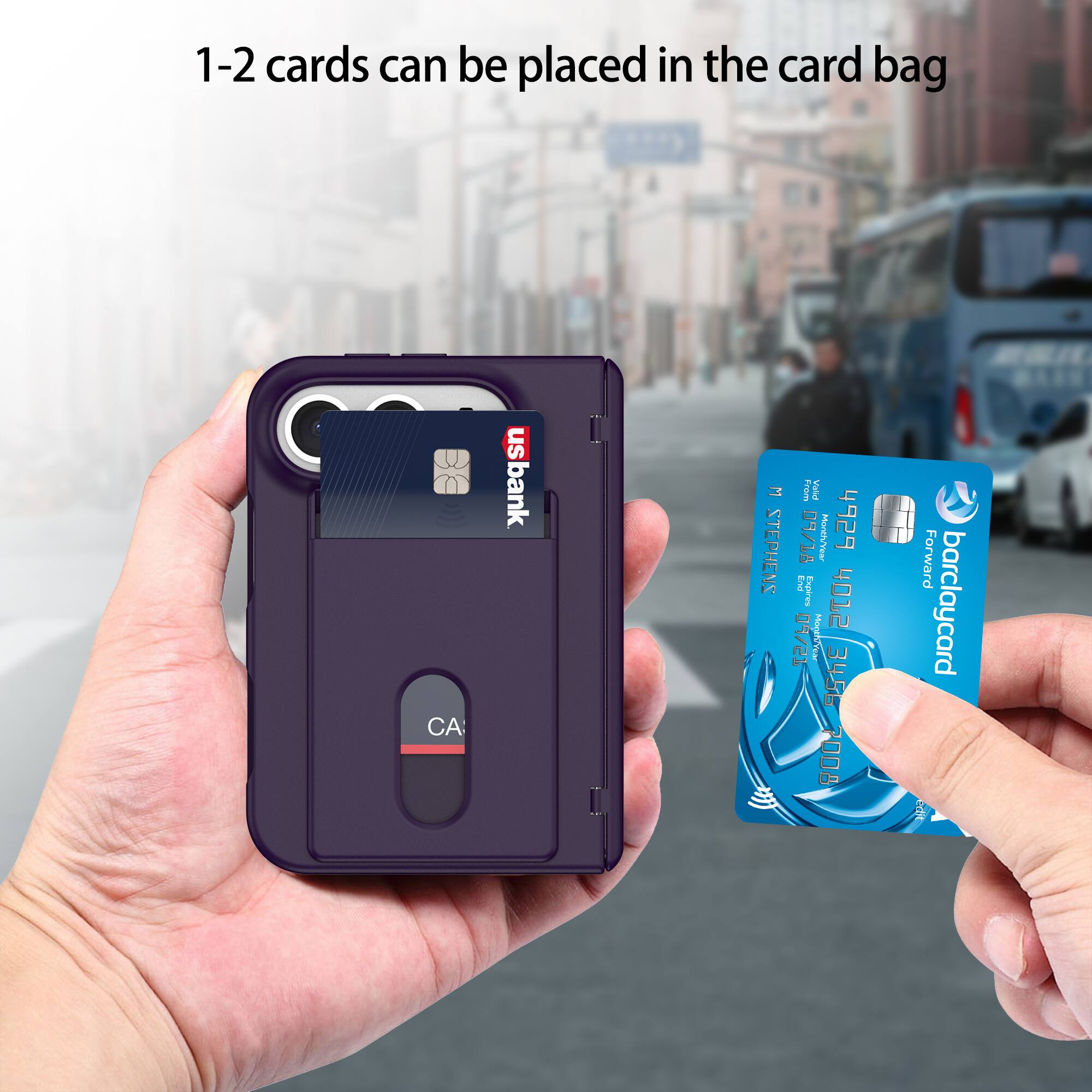 1-2 cards can be placed in the card bag

CA
usbank
W STEPHENS
From Valid 09/18 Month/Year 4929 End Expires 09/21 Month/Year 4012 3456 7008
Forward barclaycard