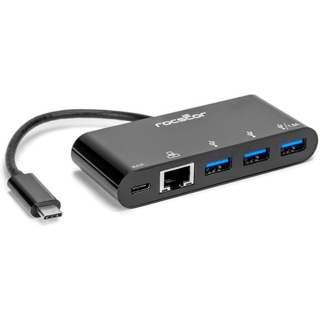 Front. Rocstor - Rocstor USB-C to 3-Port USB-A, USB-C & RJ45 Multiport Adapter - USB 3.0 Hub - for Desktop PC, Notebook - 60 W - USB Type.