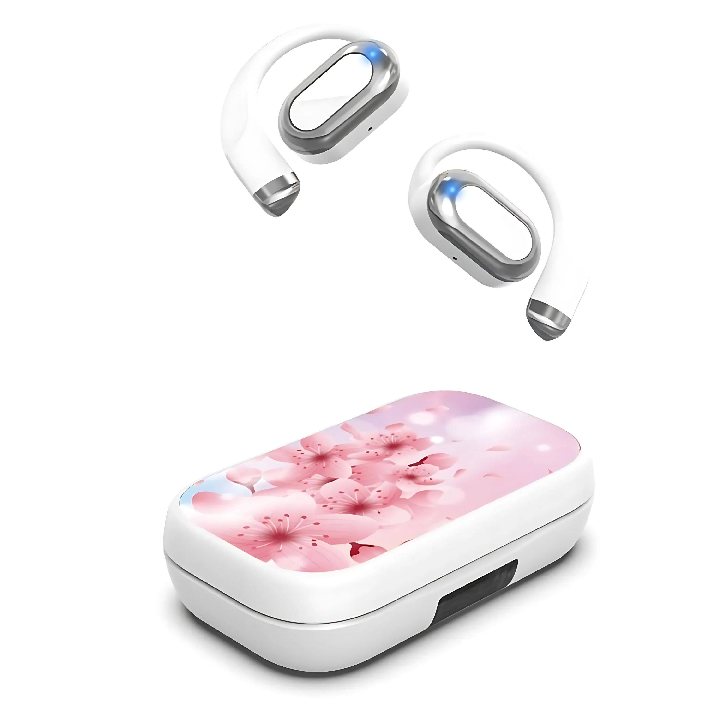 Front. Kitcheniva - Sweat Resistant Open-Ear Bluetooth Earbuds Lightweight White Cherry Blossoms - White Cherry Blossoms.