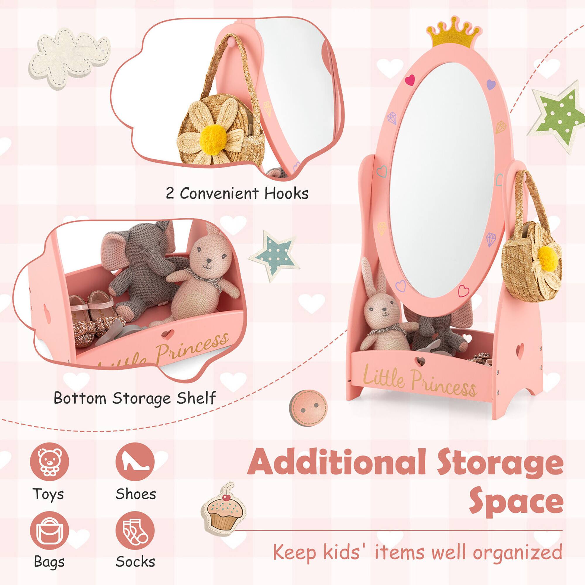 2 Convenient Hooks  
Bottom Storage Shelf  
Additional Storage Space  
Keep kids' items well organized  

Toys  
Shoes  
Bags  
Socks