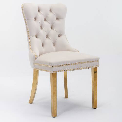 Angle. LUCKY ONE - Assembled Tufted Velvet Dining Chair Set of 2 with Golden Stainless Steel Legs Nailhead Trim - Beige.