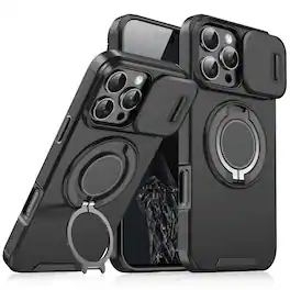 Dteck - Magnetic Ring Stand Case for iPhone 15 Pro Max with Slide Lens Protection Hard Back Cover - Black
