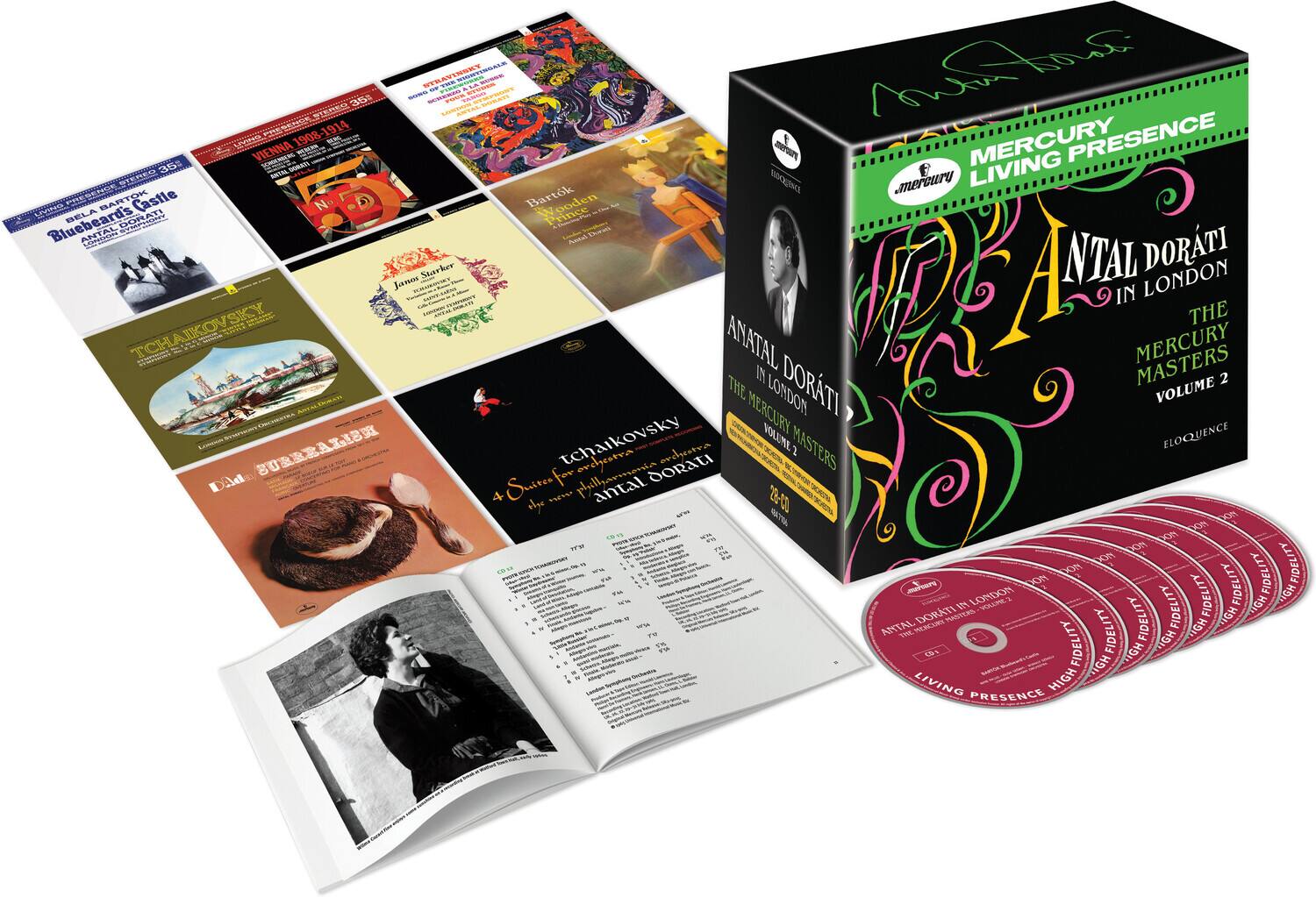 Sure, here is the corrected and grouped text from the image:

---

**Front Cover:**
- ANATOL DORATI
- IN LONDON
- THE MERCURY MASTERS
- VOLUME 2
- MERCURY LIVING PRESENCE
- ELOQUENCE

**Spine:**
- ANATOL DORATI
- IN LONDON
- THE MERCURY MASTERS
- VOLUME 2
- MERCURY LIVING PRESENCE
- ELOQUENCE

**Disc Labels:**
- ANATOL DORATI IN LONDON
- THE MERCURY MASTERS
- VOLUME 2
- MERCURY LIVING PRESENCE
- HIGH FIDELITY

**Booklet:**
- ANATOL DORATI
- IN LONDON
- THE MERCURY MASTERS
- VOLUME 2
- MERCURY LIVING PRESENCE
- ELOQUENCE

**Disc 1:**
- 1. Béla Bartók: Bluebeard's Castle
- 2. Béla Bartók: Wooden Prince
- 3. Béla Bartó