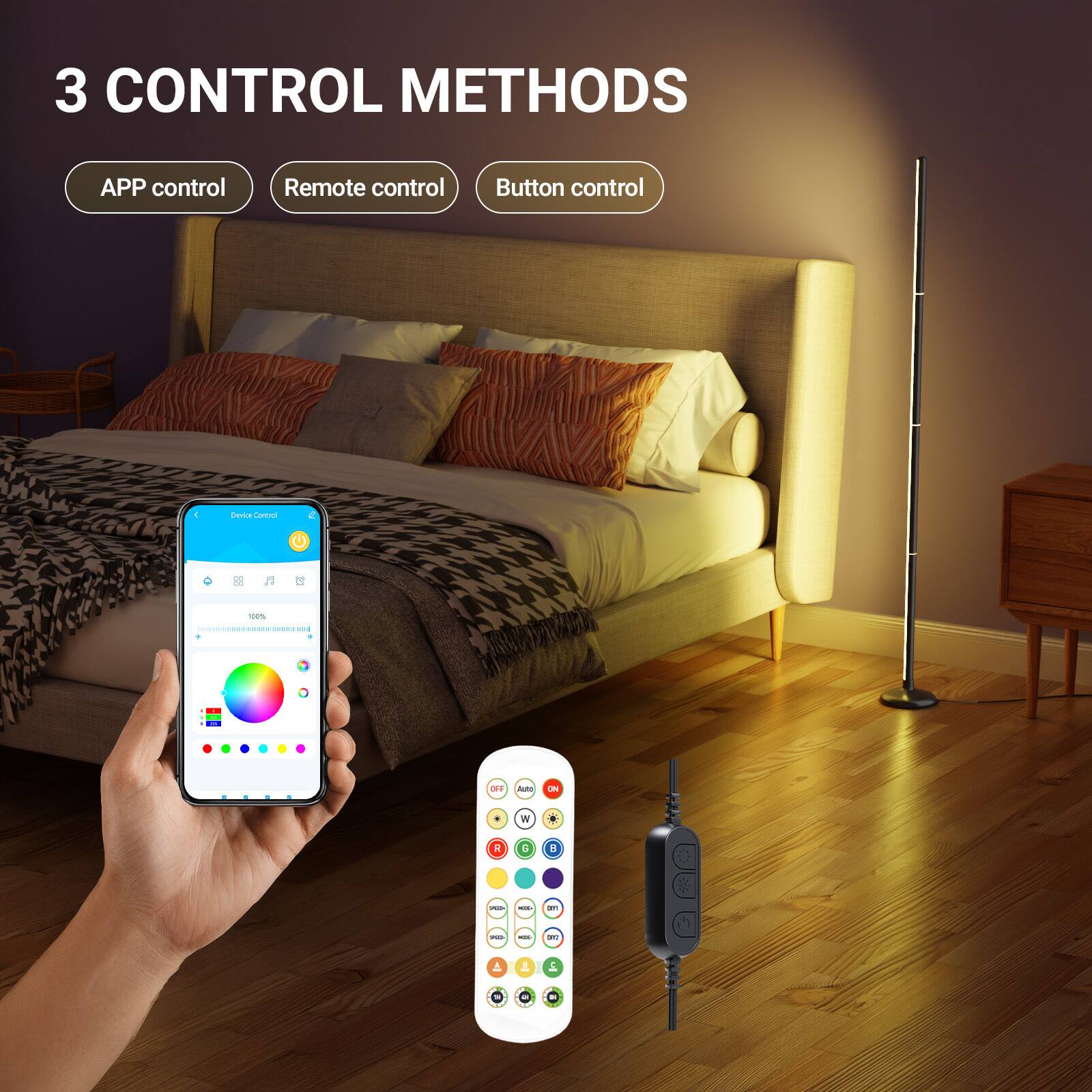 3 CONTROL METHODS
- APP control
- Remote control
- Button control

Device Control
100%
OFF
Acto
ON
W
R
G
B