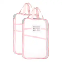 Unique Bargains - 2pcs Mesh Zipper Pouch 12.4x9.3 Inch Transparent Multi-layer A4 File Organizer with Handle and Support Rod for Home - Pink