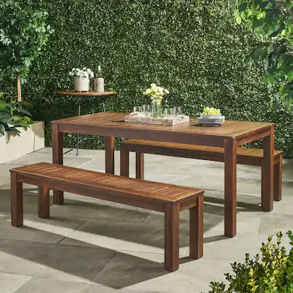 Front. Mondawe - Acacia Wood Outdoor Table and Bench Set - Dark Brown.