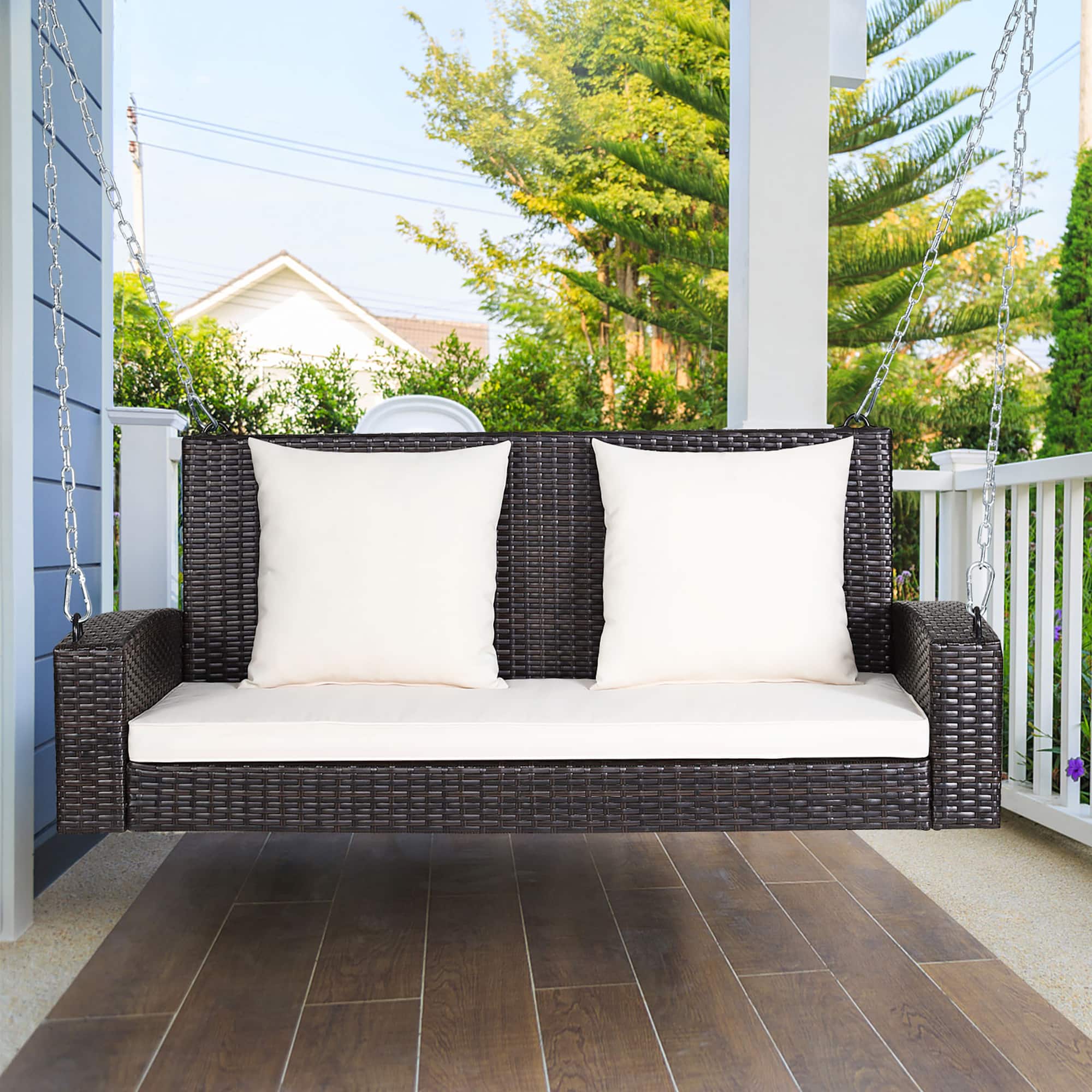 Costway - 2-Person Patio Rattan Hanging Porch Swing Bench Chair Cushion - Beige