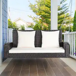 Costway - 2-Person Patio Rattan Hanging Porch Swing Bench Chair Cushion - Beige