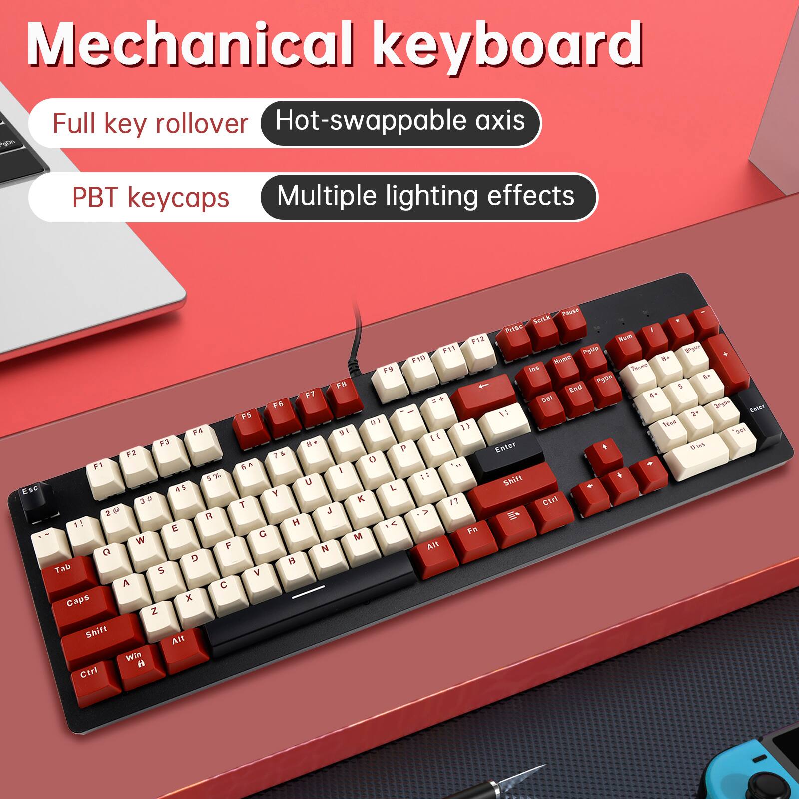 Mechanical keyboard  
Full key rollover  
Hot-swappable axis  
PBT keycaps  
Multiple lighting effects