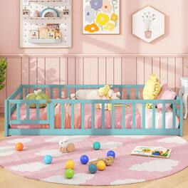 Costway - Twin Size Wooden Floor Bed with Full Length Safety Guardrails Door & Latch - Icy Aqua