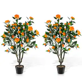 Costway - 2 PCS Artificial Camellia Tree, Flower Plants Fake Tree, Faux Camellia Potted - Orange + Green + Black