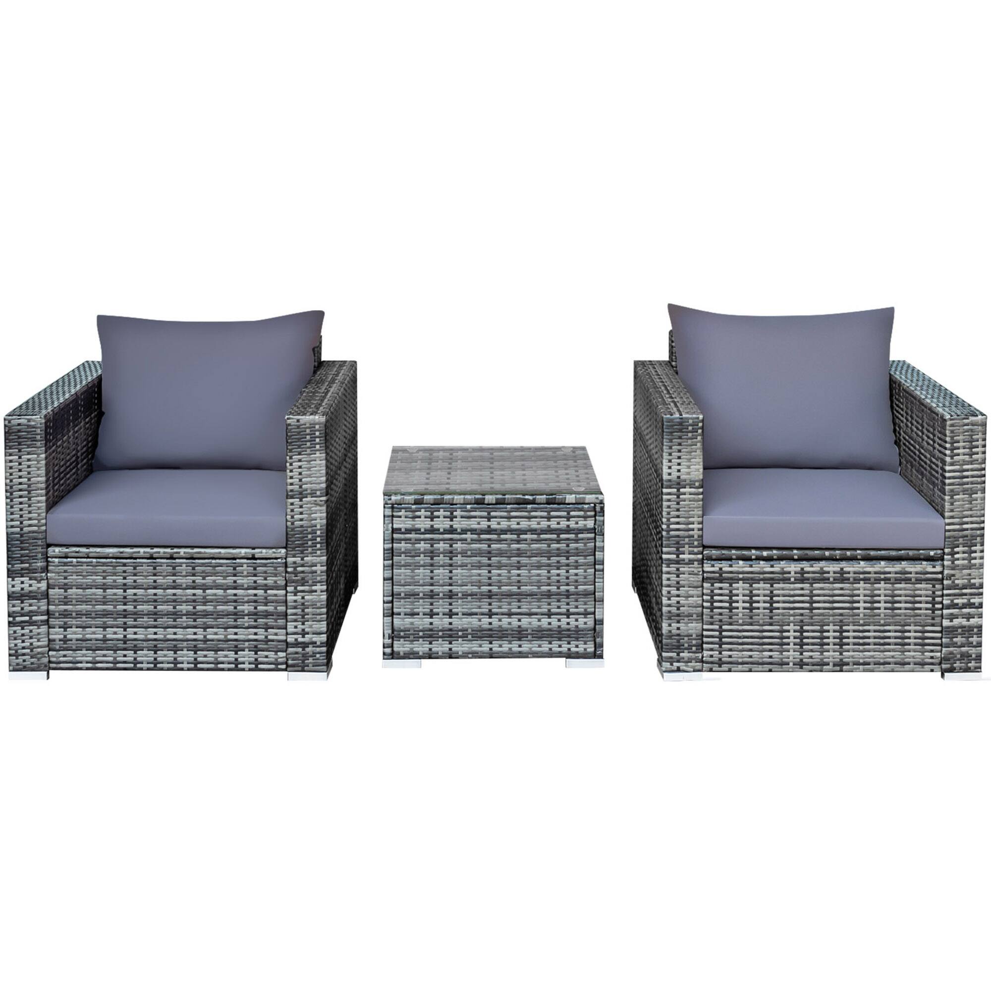 Alt View 4. Gymax - Gymax 3PCS Rattan Patio Conversation Set Outdoor Furniture Set w/ Table Cushion - Grey.