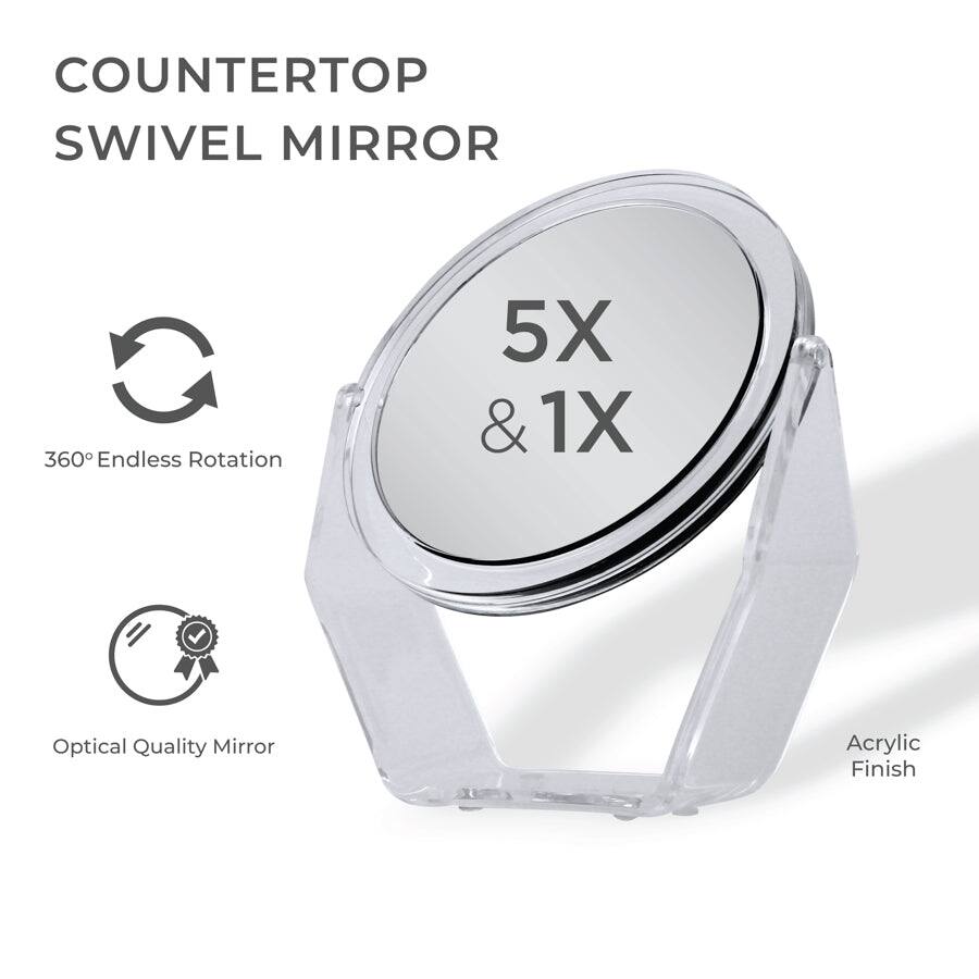 COUNTERTOP SWIVEL MIRROR

5X & 1X

360° Endless Rotation

Optical Quality Mirror

Acrylic Finish