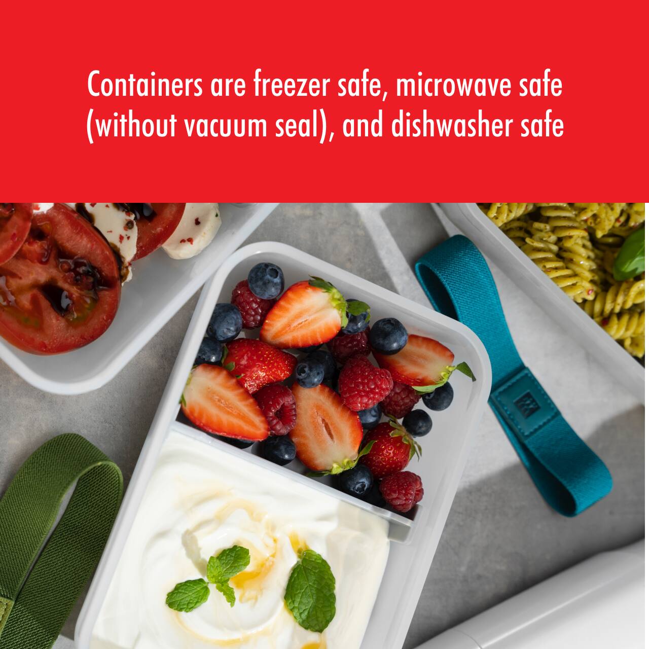 Containers are freezer safe, microwave safe (without vacuum seal), and dishwasher safe.
