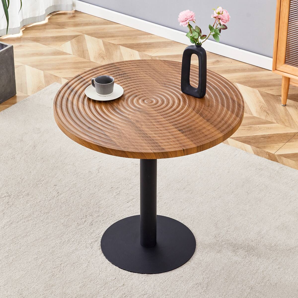 Loheer 31.5 Inch Round Dining Table with Dark Wood Grain Top and Black ...