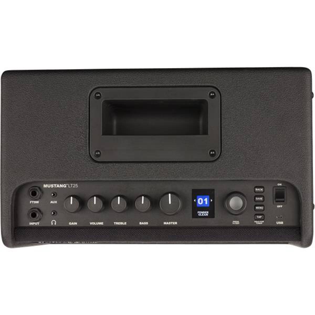 MUSTANG LT25  
FTSW  
AUX  
INPUT  
GAIN  
VOLUME  
TREBLE  
BASS  
MASTER  
F1  
CLEAN  
TAP  
USB  
MENU  
ON/OFF  
BACK  
SAV  
01