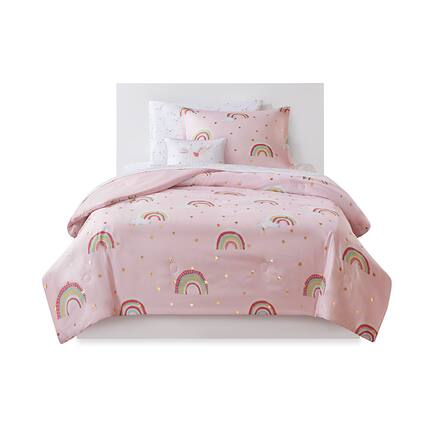 Front. Gracie Mills - Gracie Mills Thyme Rainbow and Metallic Stars Comforter Set with Coordinating Bed Sheets - Pink.