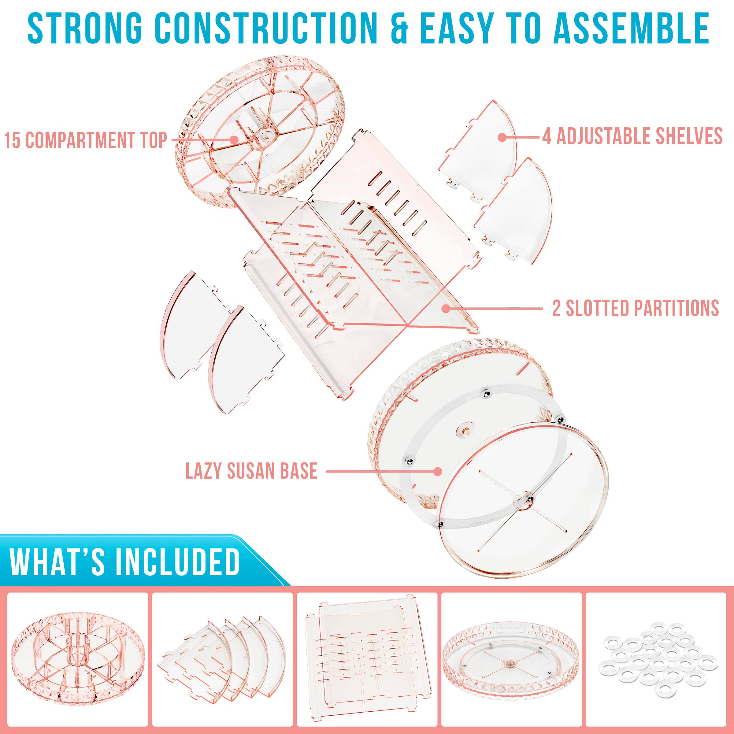 STRONG CONSTRUCTION & EASY TO ASSEMBLE

15 COMPARTMENT TOP

4 ADJUSTABLE SHELVES

2 SLOTTED PARTITIONS

LAZY SUSAN BASE

WHAT'S INCLUDED